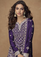 Vegaa Fashion Purple Chinon Silk Embroidered Sharara Suit | Grocsy