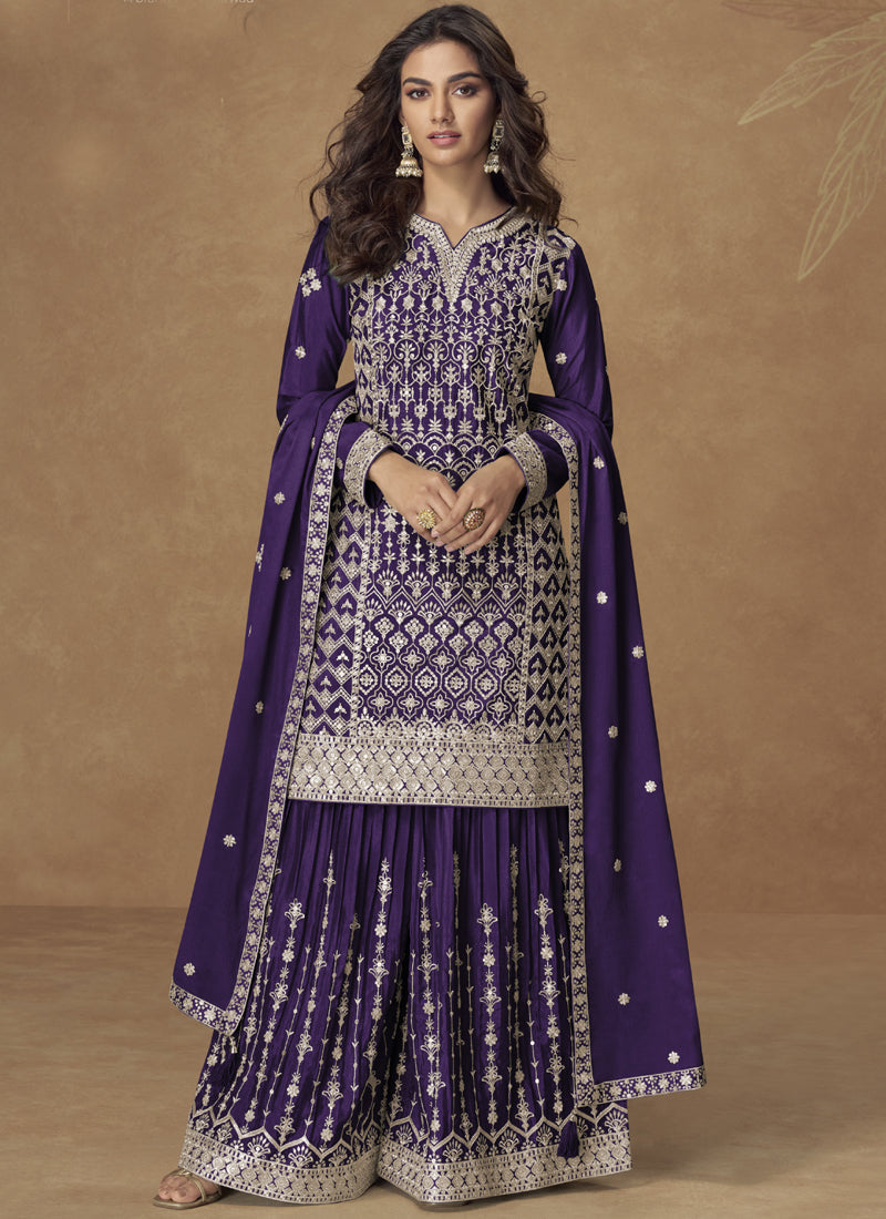 Vegaa Fashion Purple Chinon Silk Embroidered Sharara Suit | Grocsy