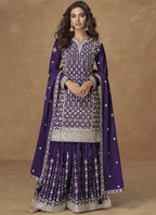 Vegaa Fashion Purple Chinon Silk Embroidered Sharara Suit | Grocsy