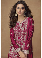 Vegaa Fashion Rani Pink Chinon Silk Embroidered Sharara Suit | Grocsy