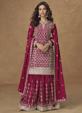 Vegaa Fashion Rani Pink Chinon Silk Embroidered Sharara Suit | Grocsy