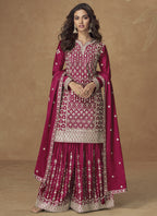 Vegaa Fashion Rani Pink Chinon Silk Embroidered Sharara Suit | Grocsy
