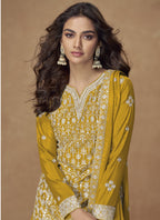 Vegaa Fashion Yellow Chinon Silk Embroidered Sharara Suit | Grocsy