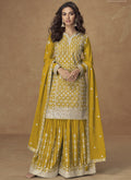 Vegaa Fashion Yellow Chinon Silk Embroidered Sharara Suit | Grocsy