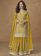 Vegaa Fashion Yellow Chinon Silk Embroidered Sharara Suit | Grocsy