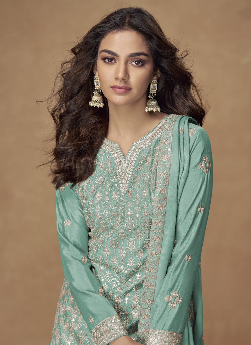 Vegaa Fashion Sea Green Chinon Silk Embroidered Deiigner Palazzo Suit | Grocsy