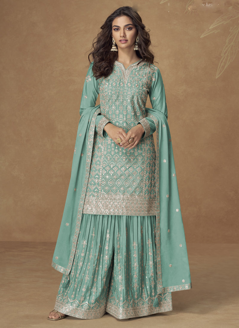 Vegaa Fashion Sea Green Chinon Silk Embroidered Deiigner Palazzo Suit | Grocsy