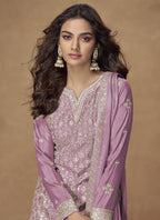 Vegaa Fashion Onion Pink Chinon Silk Embroidered Deiigner Palazzo Suit | Grocsy