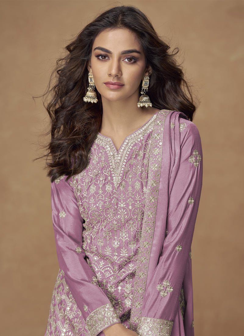 Vegaa Fashion Onion Pink Chinon Silk Embroidered Deiigner Palazzo Suit | Grocsy