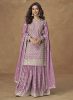 Vegaa Fashion Onion Pink Chinon Silk Embroidered Deiigner Palazzo Suit | Grocsy