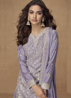 Vegaa Fashion Lavender Chinon Silk Embroidered Deiigner Palazzo Suit | Grocsy