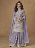 Vegaa Fashion Lavender Chinon Silk Embroidered Deiigner Palazzo Suit | Grocsy