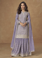 Vegaa Fashion Lavender Chinon Silk Embroidered Deiigner Palazzo Suit | Grocsy