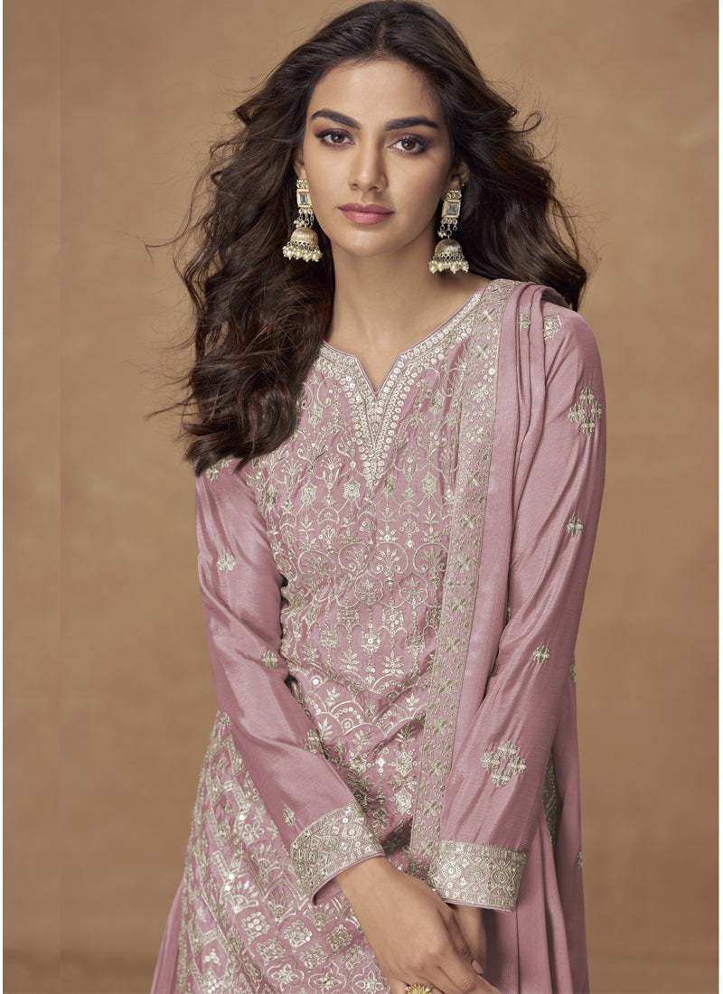 Vegaa Fashion Light Pink Chinon Silk Embroidered Deiigner Palazzo Suit | Grocsy
