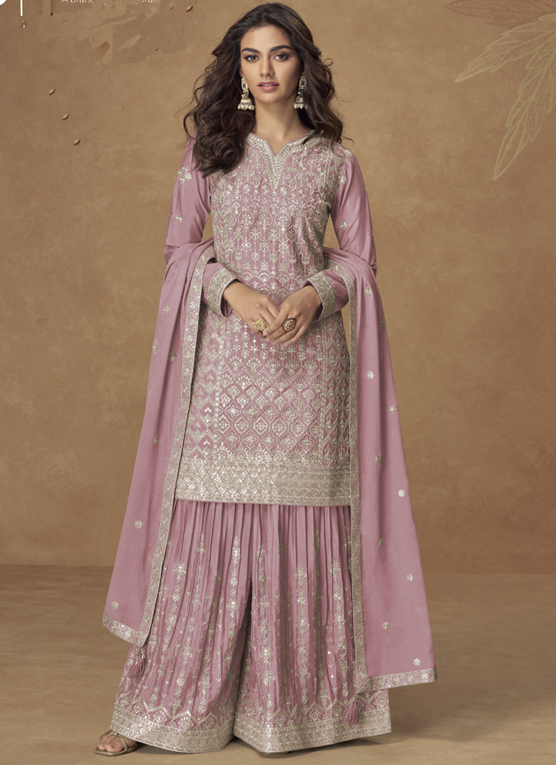 Vegaa Fashion Light Pink Chinon Silk Embroidered Deiigner Palazzo Suit | Grocsy