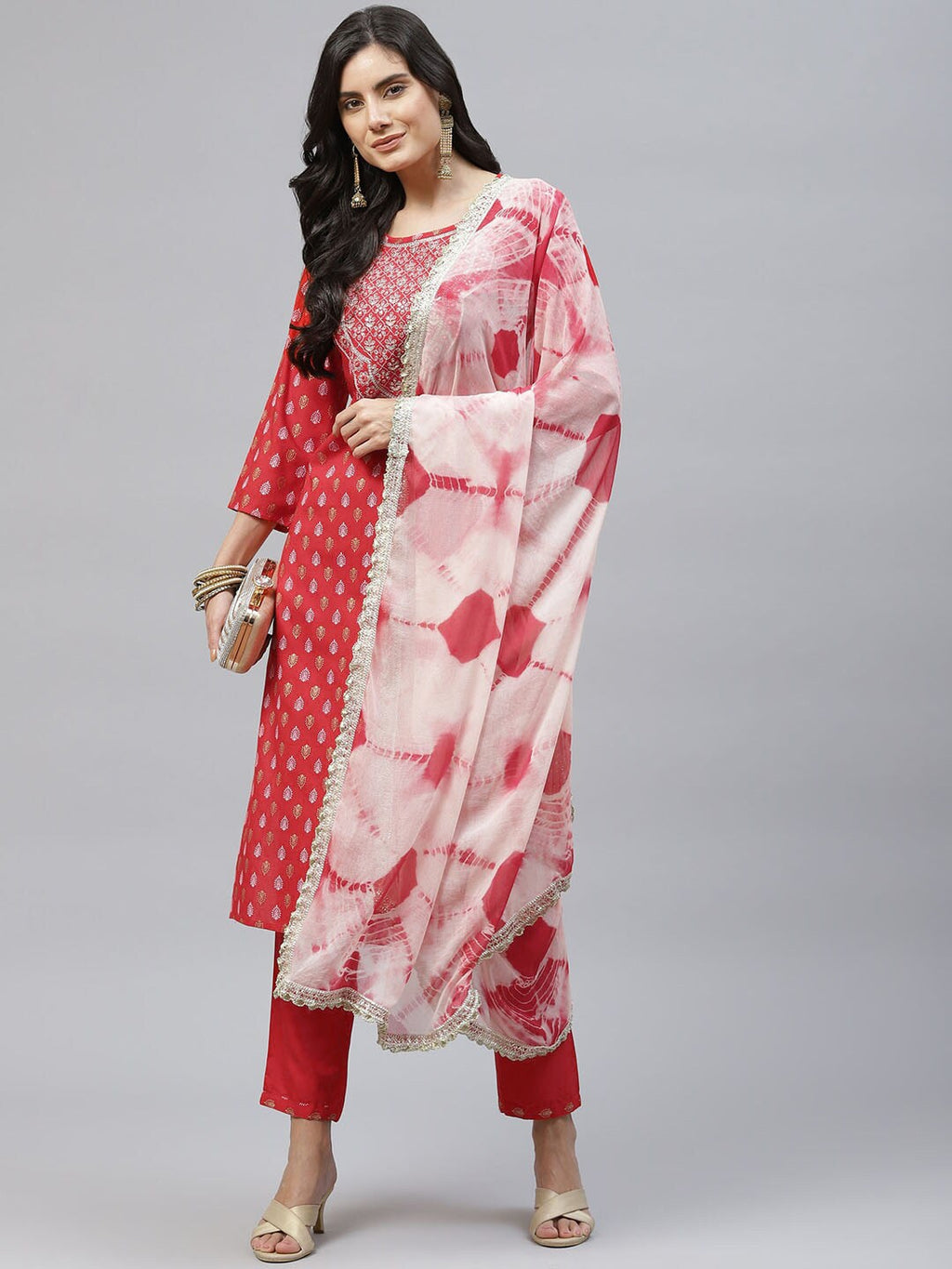 HERE&NOW Women Red Embroidered Straight Kurta with Trousers & With Dupatta | Grocsy
