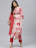 HERE&NOW Women Red Embroidered Straight Kurta with Trousers & With Dupatta | Grocsy
