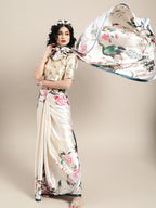 Saree Mall Cream-Coloured & Pink Satin Floral Block Print Saree | Grocsy