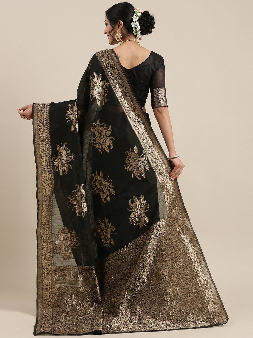 Saree Mall Black Floral Linen Blend Banarasi Saree | Grocsy