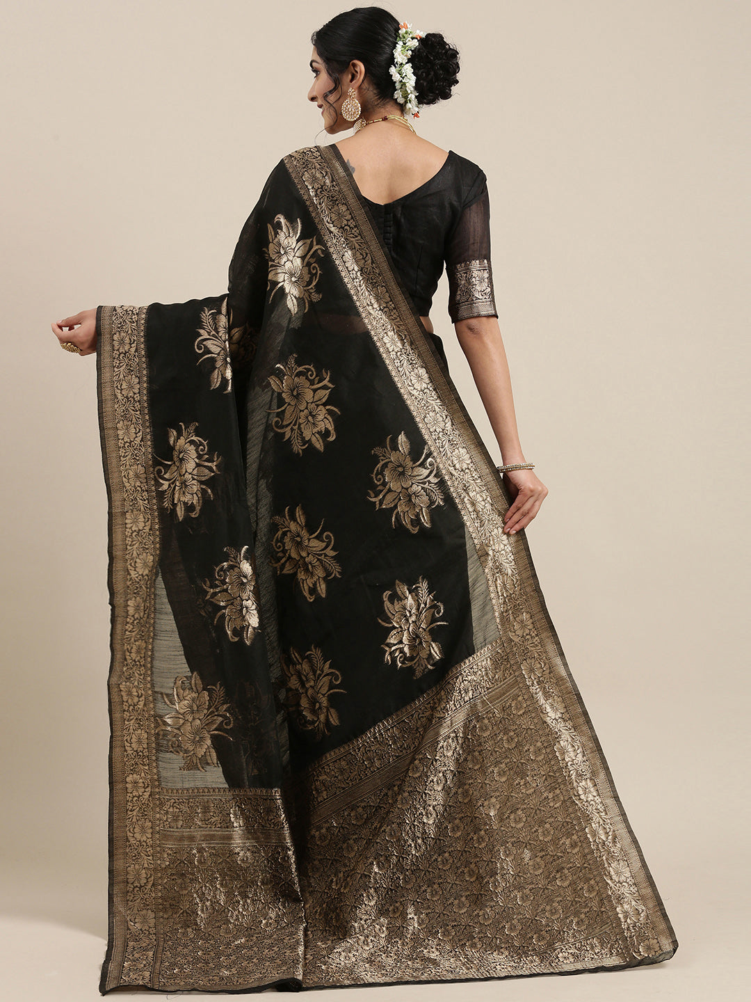 Saree Mall Black Floral Linen Blend Banarasi Saree | Grocsy