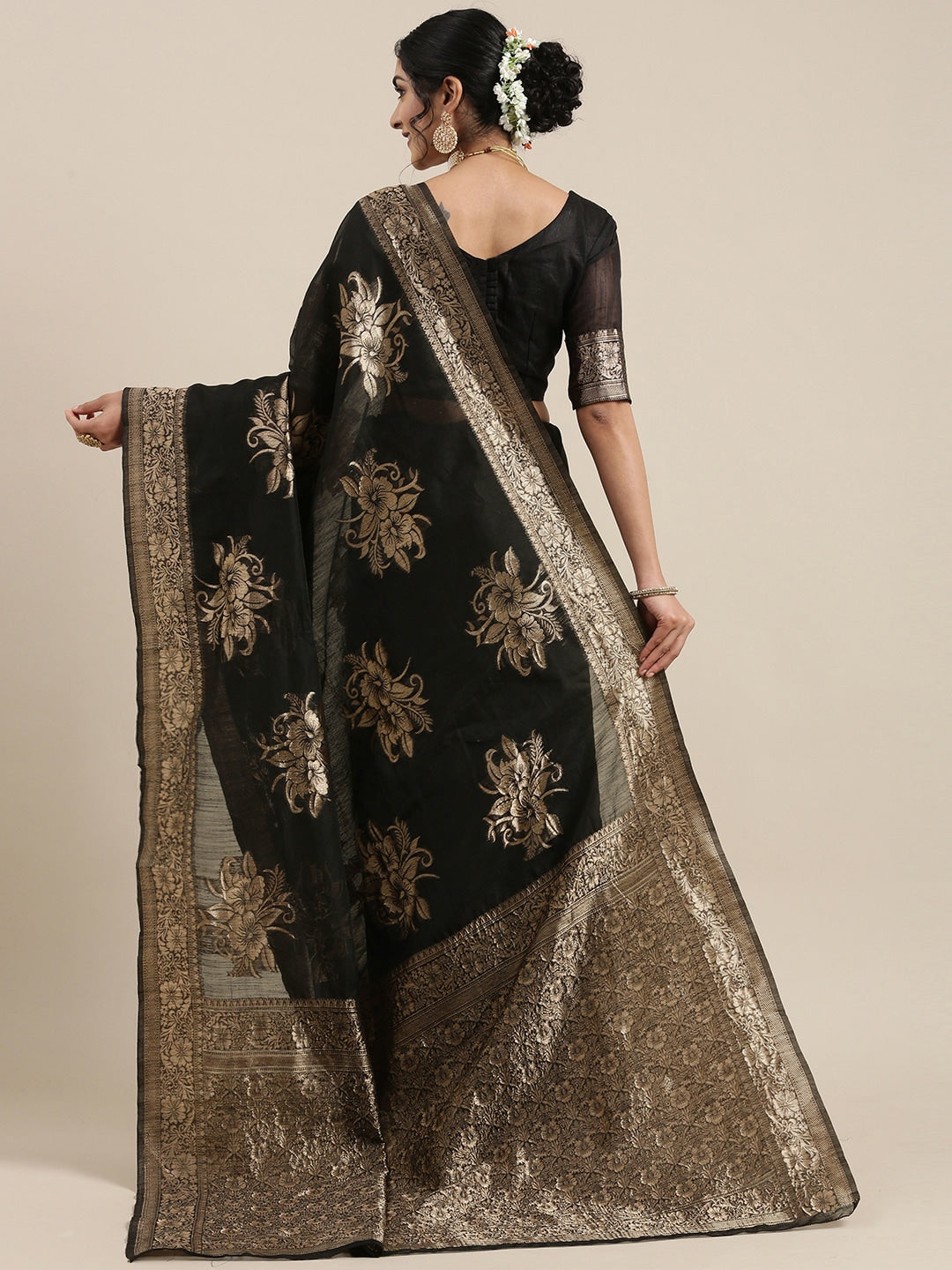 Saree Mall Black Floral Linen Blend Banarasi Saree | Grocsy