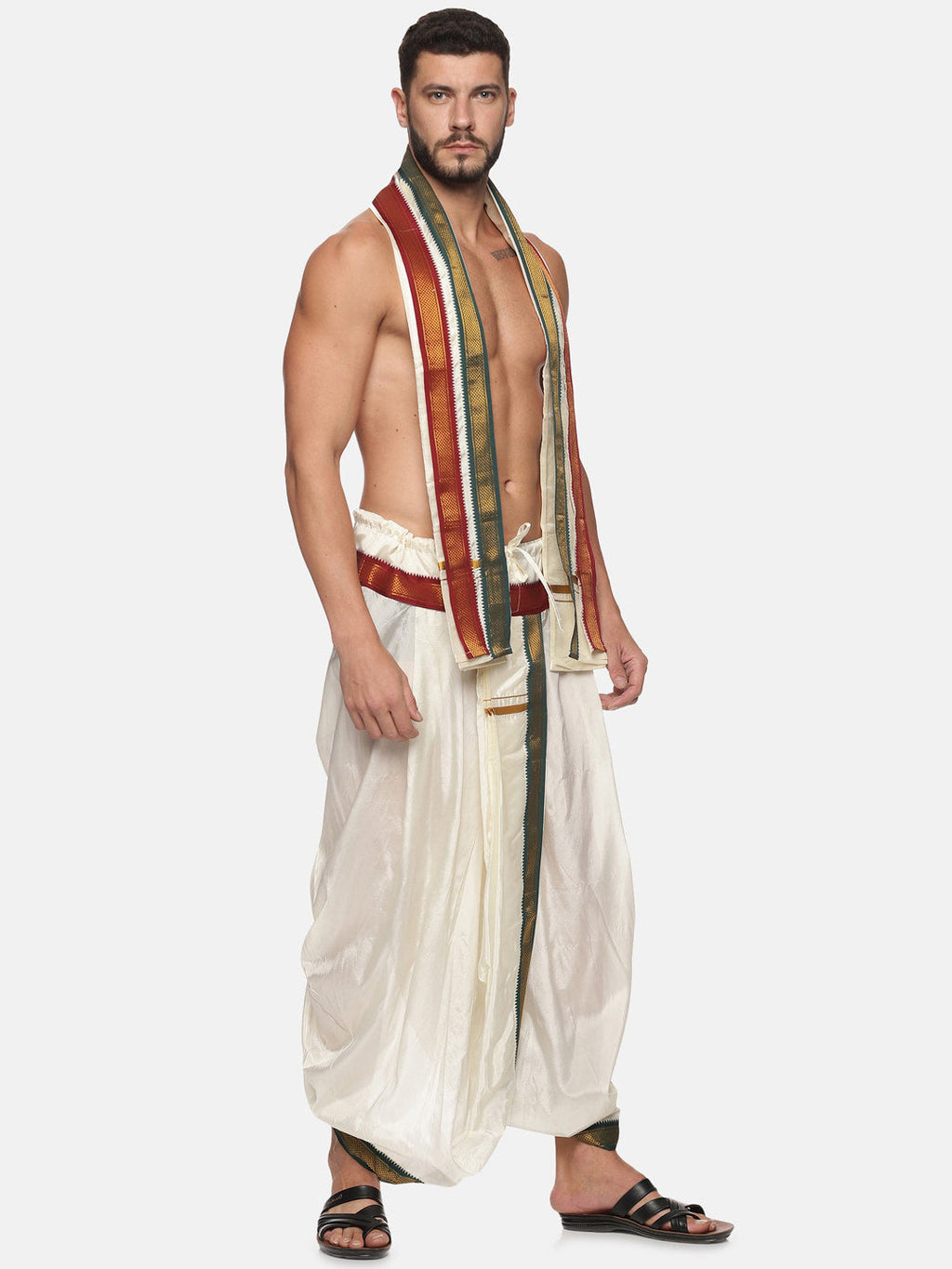 Sethukrishna Men Cream Solid Readymade Dhoti Pants With Angavastram | Grocsy