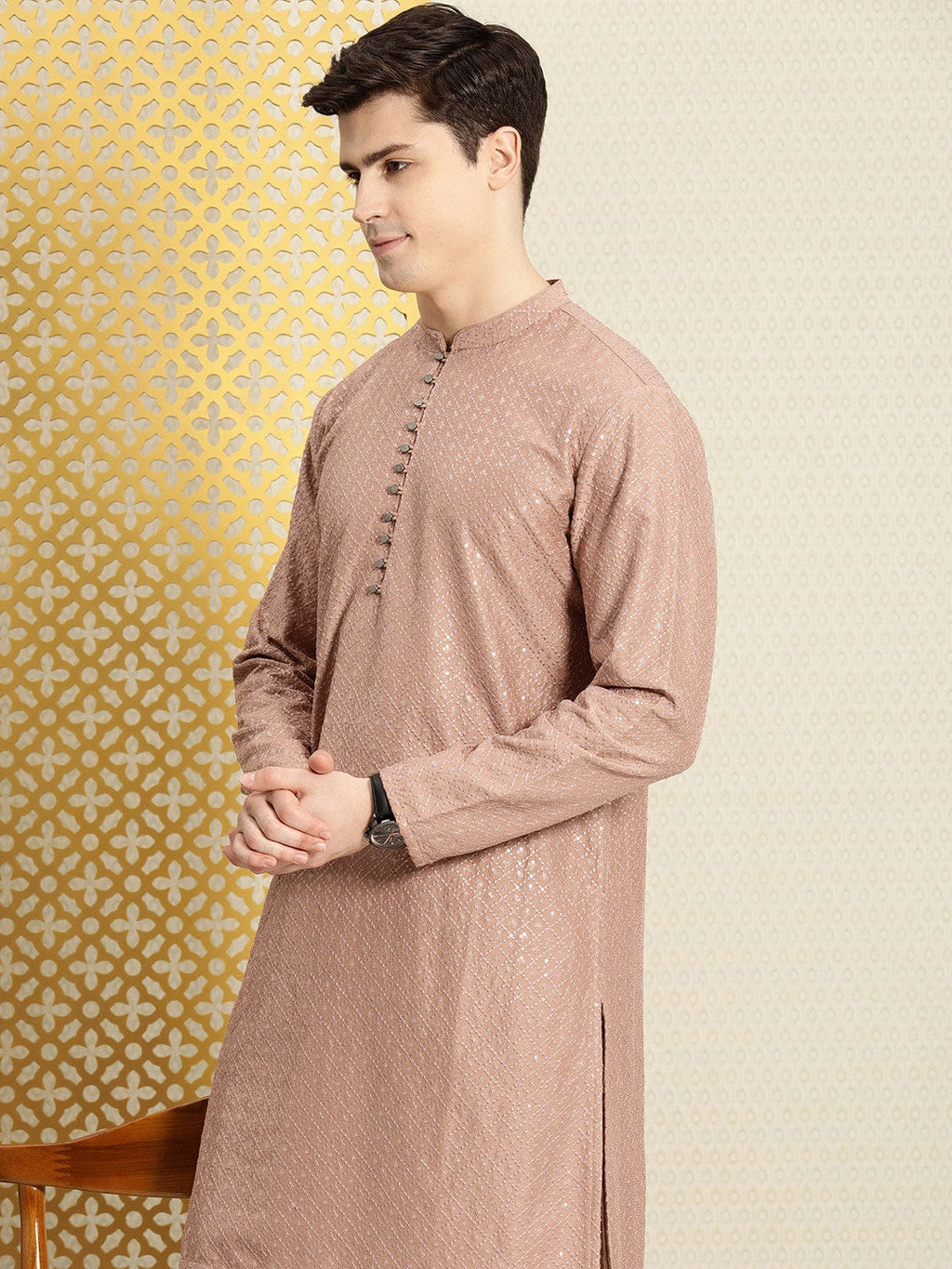 House of Pataudi Men Jashn Ethnic Motifs Embroidered Sequinned Kurta with Pyjamas | Grocsy