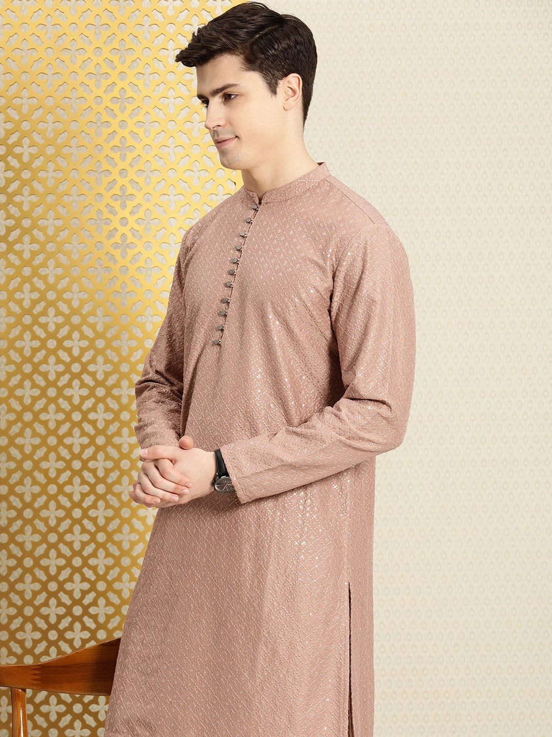 House of Pataudi Men Jashn Ethnic Motifs Embroidered Sequinned Kurta with Pyjamas | Grocsy