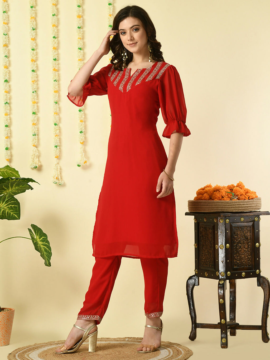 Myshka Women's Red Georgette Kurta With Trousers Party Sets | Grocsy