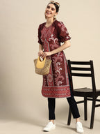 Sangria Women Ethnic Motifs Printed Puff Sleeves Straight Kurta | Grocsy