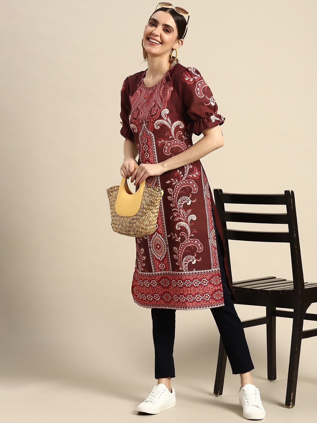 Sangria Women Ethnic Motifs Printed Puff Sleeves Straight Kurta | Grocsy