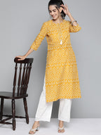 HERE&NOW Women Mustard Yellow & White Bandhani Printed Gotta Patti Kurta | Grocsy