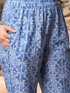 Sangria Blue Printed & Embroidered Pure Cotton A-Line Kurta With Trouser & Dupatta | Grocsy