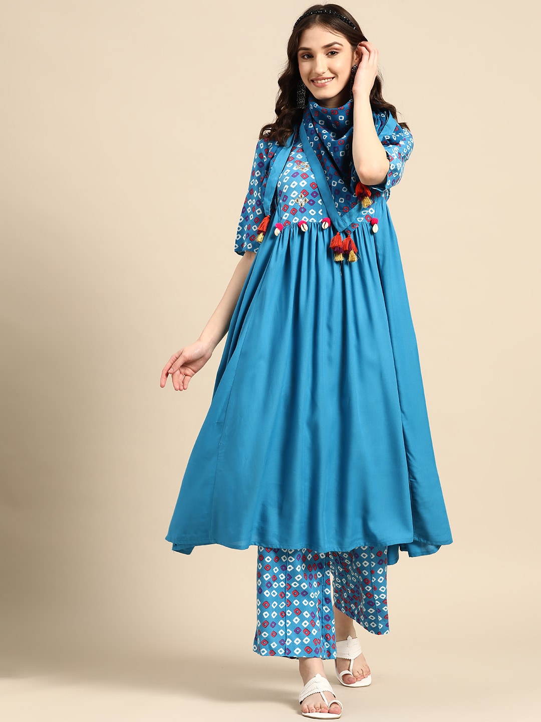 Sangria Women Bandhani Printed Kurta with Palazzos & Scarf | Grocsy