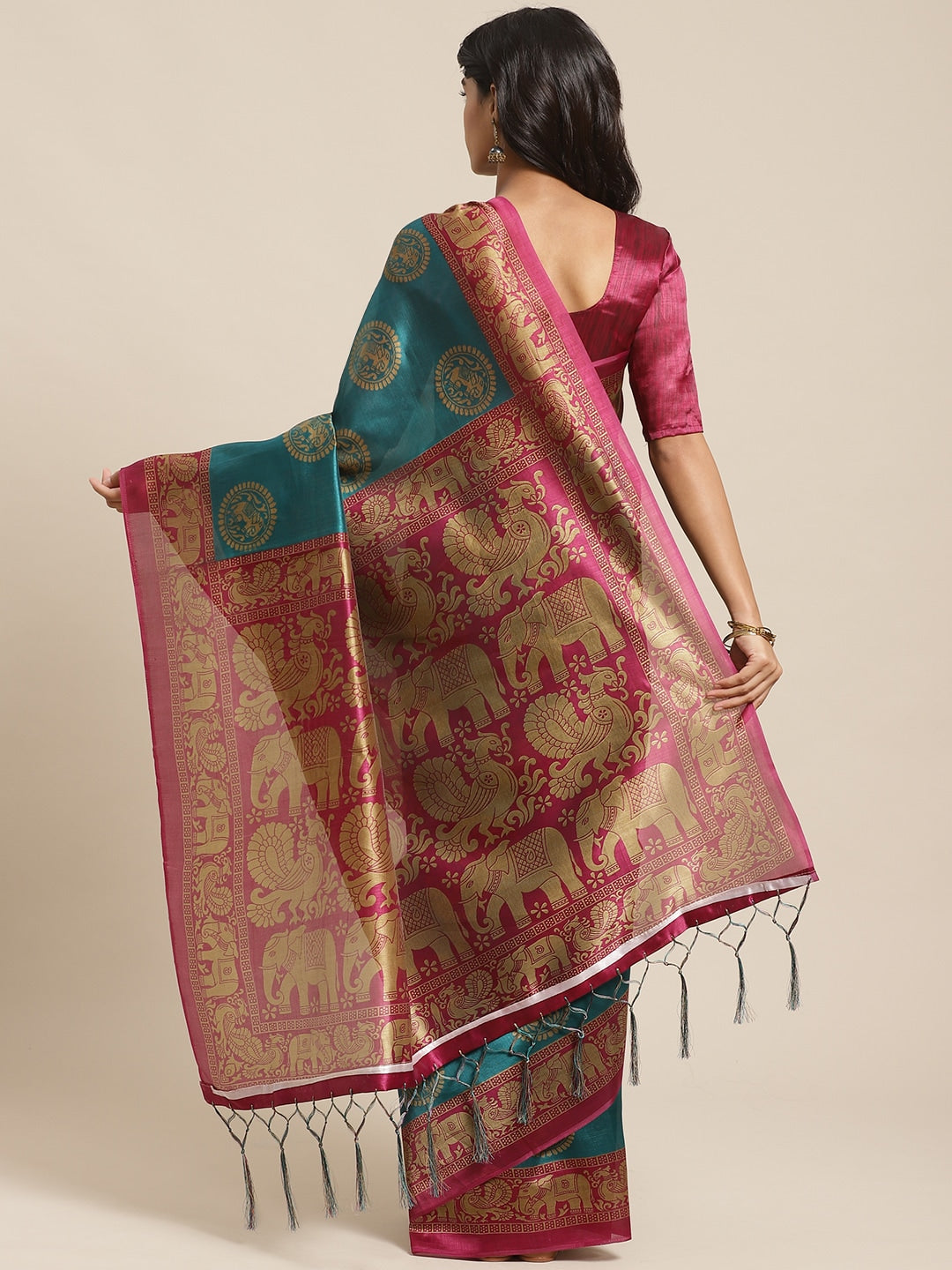 Saree Mall Teal Green & Beige Printed Bhagalpuri Saree | Grocsy