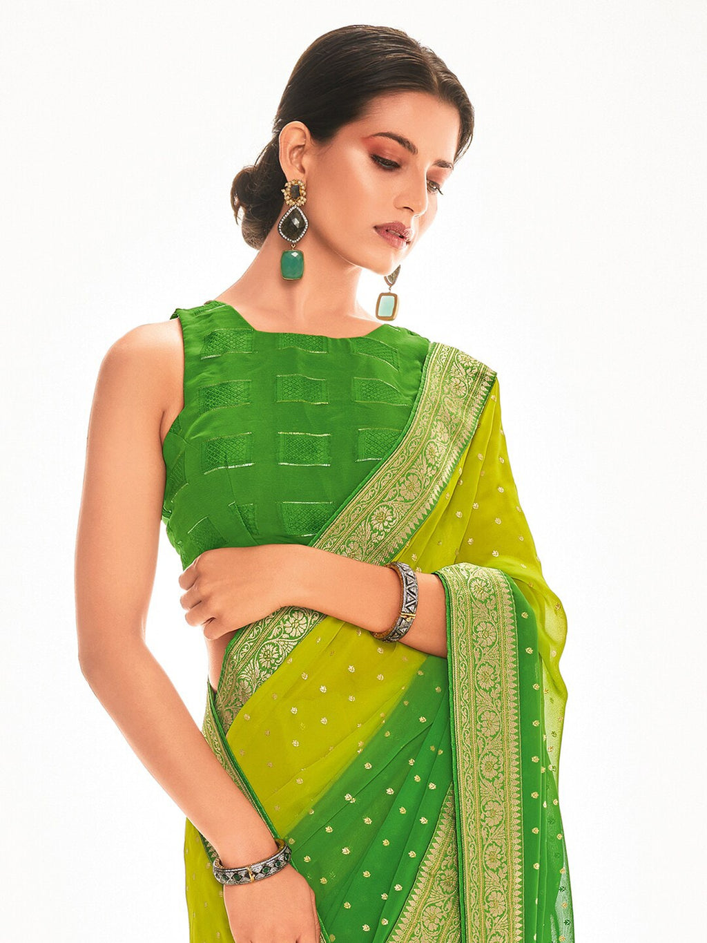 Saree Mall Green & Yellow Ethnic Motifs Embroidered Silk Blend Mangalagiri Sarees | Grocsy