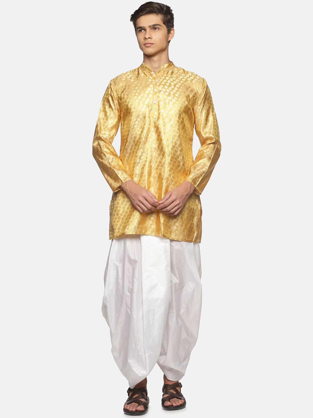 Sethukrishna Men Gold-Toned Ethnic Motifs Angrakha Kurta with Dhoti Pants | Grocsy