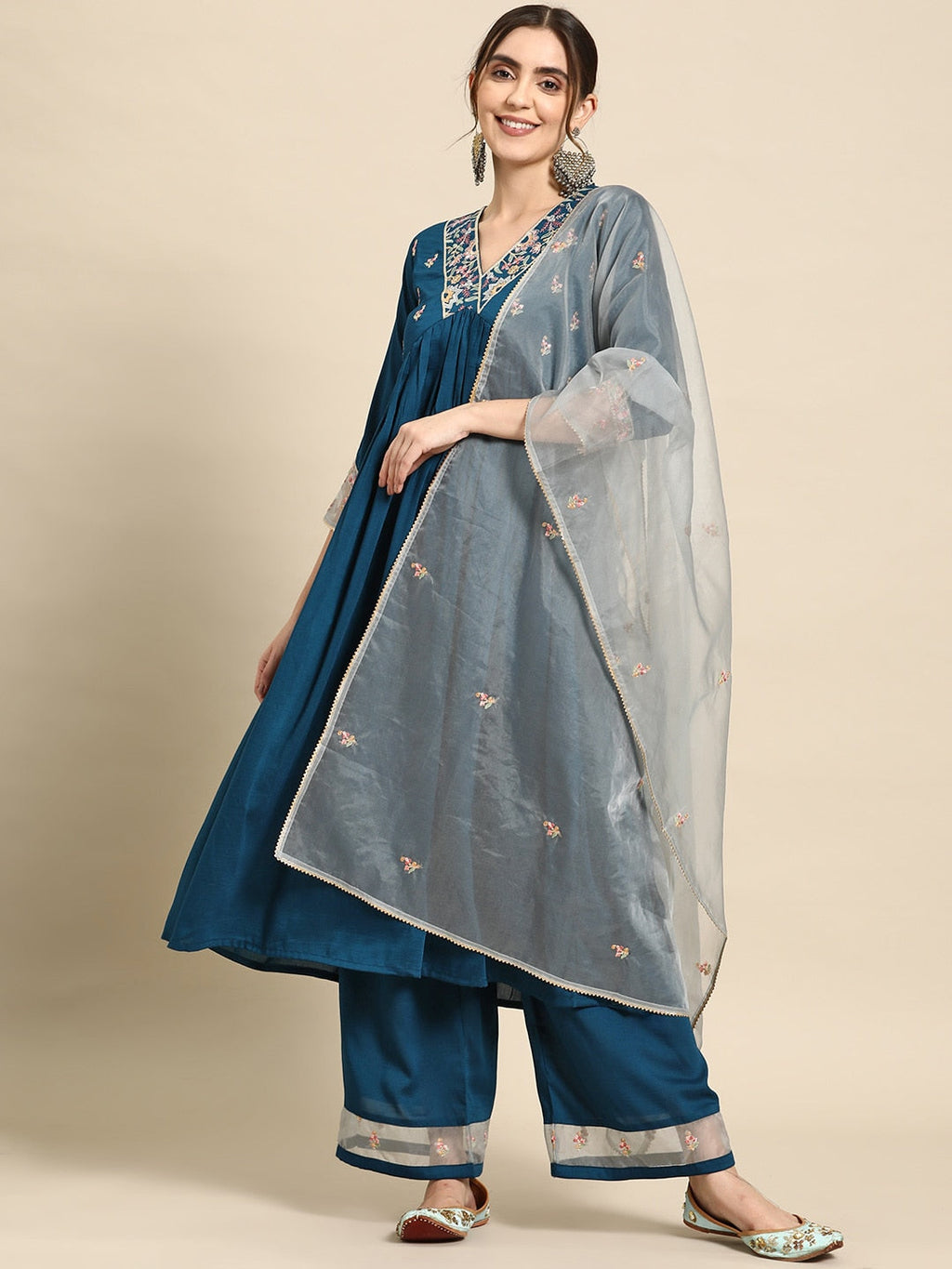 Sangria Floral Embroidered Empire Thread Work Kurta With Palazzos & Dupatta | Grocsy