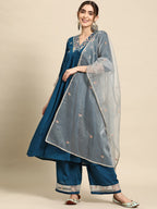 Sangria Floral Embroidered Empire Thread Work Kurta With Palazzos & Dupatta | Grocsy
