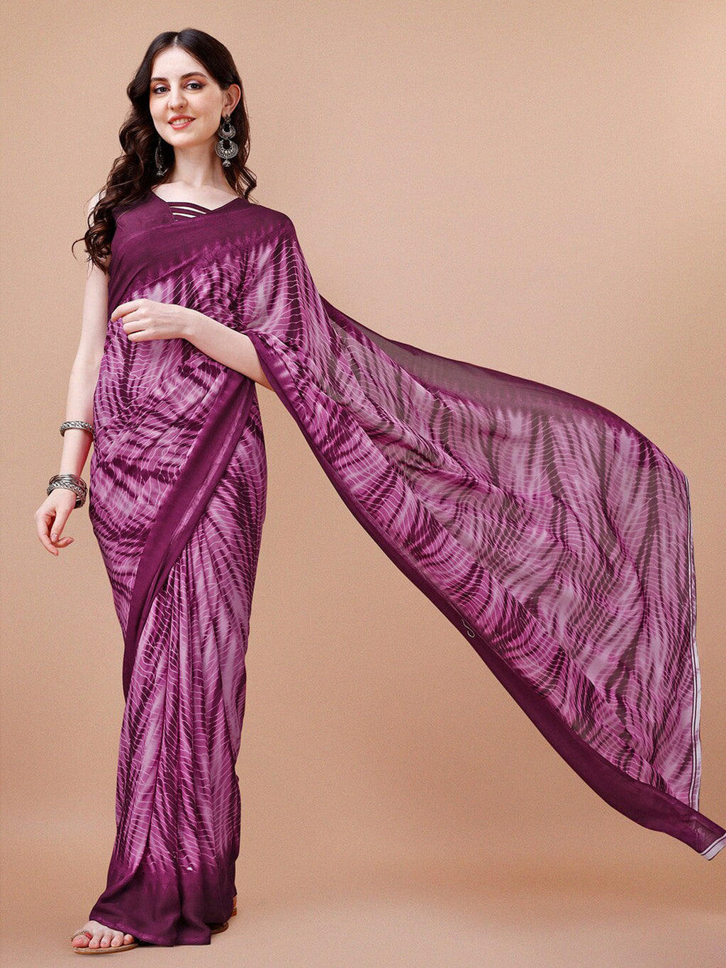 Sangria Purple Abstract Printed Saree | Grocsy
