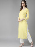 ADA Women Yellow Ethnic Motifs Embroidered Chikankari Georgette Handloom Kurta | Grocsy