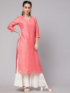 Aks Ethnic Motifs Printed Round Neck Chanderi Silk Straight Kurta | Grocsy