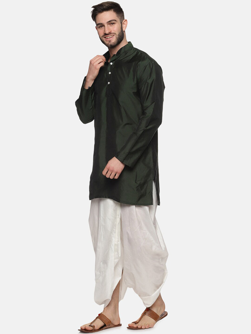 Sethukrishna Men Green Striped Kurta with Dhoti Pants | Grocsy