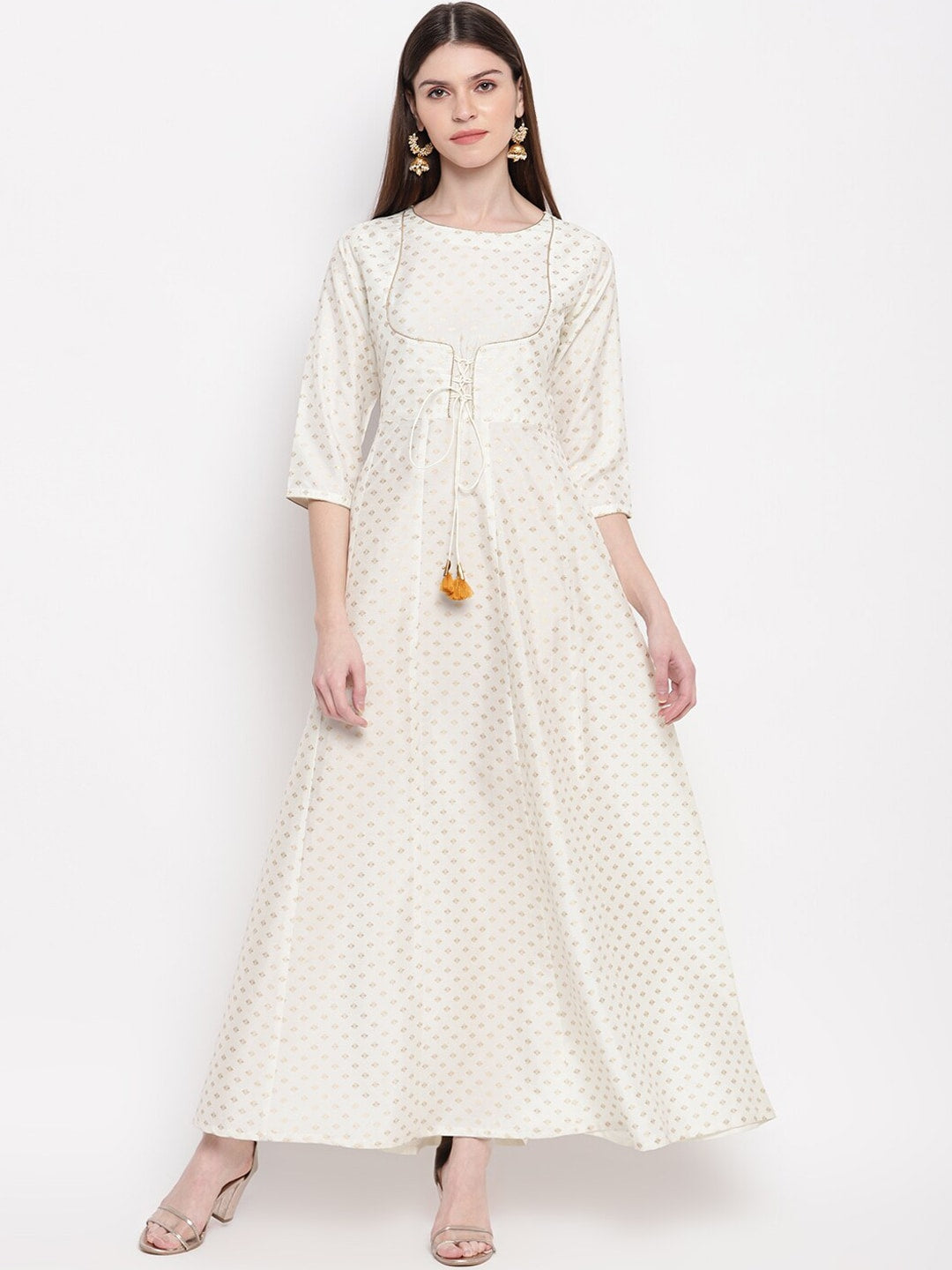 Janasya Women Off White & Gold-Toned Geometric Printed Anarkali Kurta | Grocsy