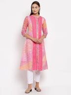 Myshka Women's Pink Cotton Printed 3/4 Sleeve Round Neck Casual Kurta | Grocsy