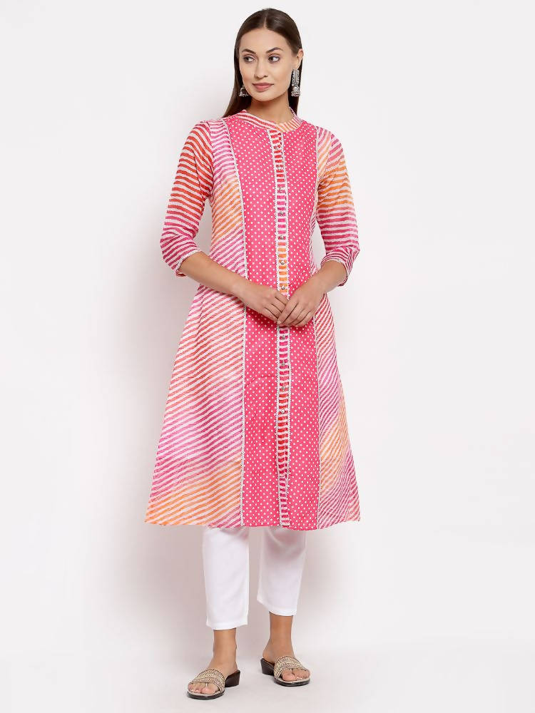 Myshka Women's Pink Cotton Printed 3/4 Sleeve Round Neck Casual Kurta | Grocsy
