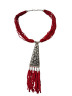 Inhanns Day-To-Dinner Tie Shaped Oxidized Black Metal Multi-Layered Long Only Necklace - Red Necklace | Grocsy