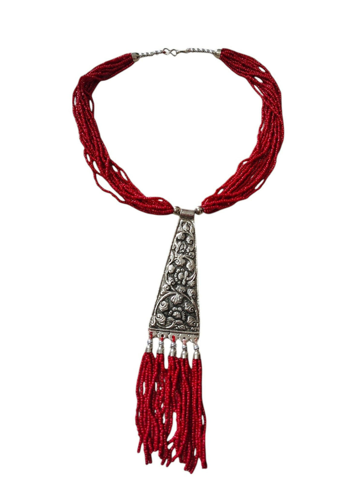 Inhanns Day-To-Dinner Tie Shaped Oxidized Black Metal Multi-Layered Long Only Necklace - Red Necklace | Grocsy