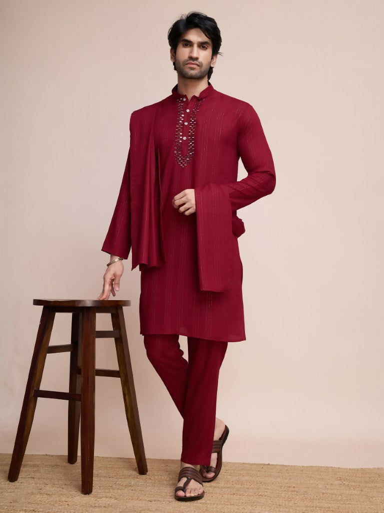 Vastranavya Traditional Festival Wear Viscose Thread & Sequence Embroidered Work Kurta Pant Set - Maroon | Grocsy