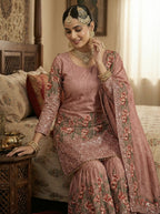 Teeya Creation Peach Fendy Silk Heavy Embroidery Work Party Wear Sharara Suit | Grocsy